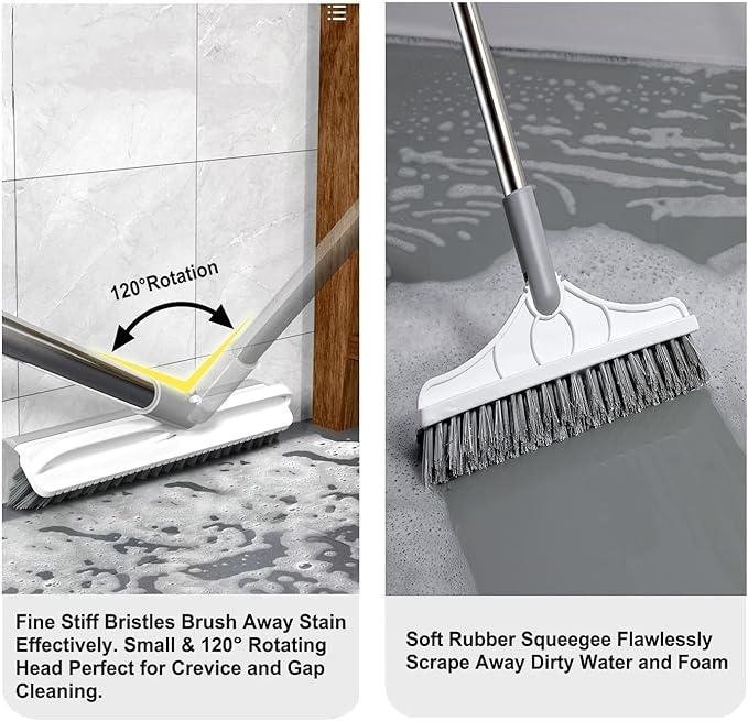 2 in 1 Cleaning Scrub Brush Grout Brush Scrapee 3 Poles 47.6'' Floor Scrub Brush with Long Handle V-Shape Stiff Bristle Brush Scrubber with Squeegee 120°Rotate Shower Cleaning Brush for Bathroom Glass