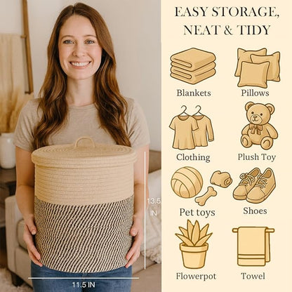Yimi's Dream Cotton Rope Basket with Lid – Soft Storage Bin for Home Organization, Brown & Brown‑Black Pattern, Sturdy, Lightweight & Stylish, 11.5″ Round x 13.5″ High
