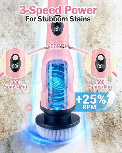Electric Spin Scrubber, 3-Speed Cordless Shower Scrubber with 90° Adjustable & 10 Replaceable Brush Heads, 90 Mins Runtime & Full-Body IPX7 Waterproof Shower Cleaner Brush with Long Handle