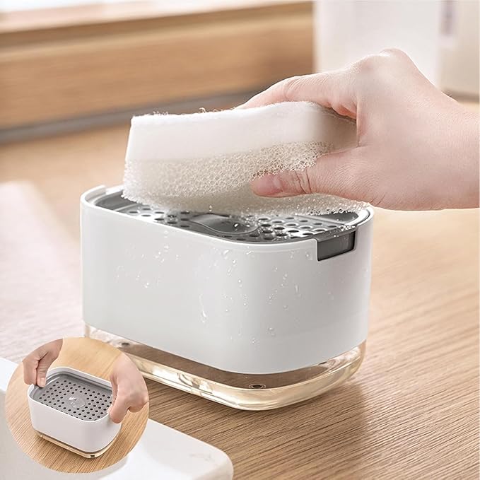 Dish Soap Dispenser and Sponge Support, Sink Soap Pump Dispenser, Liquid Soap Dispenser, Kitchen Detergent Press Box, Suitable for Kitchens, Bathrooms and Sinks (White)