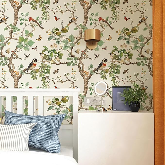 Nukofal Vintage Bird Peel and Stick Wallpaper Floral Birds Contact Paper 16.9inch x 118.1inch Butterflies Leaf Wallpaper Peel and Stick Self Adhesive Removable Wall Paper for Bathroom Wall Decor