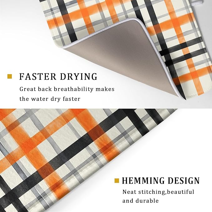 Fall Orange Black Buffalo Plaid Dish Drying Mat 18 x 24 Inch With Absorbent Reversible Microfiber Thanksgiving Autumn Halloween Drying Mats Dish Drainer Mat Fast Dry For Kitchen Dining Room Decor