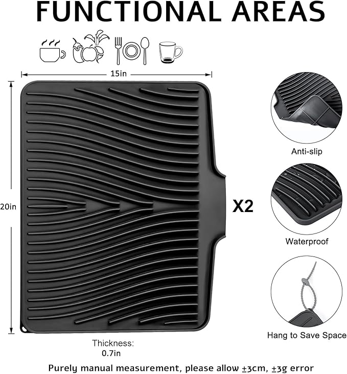 TIKNIK Silicone Dish Drying Mat, Stone Drying Mat for Kitchen Counter with Built-In Drain, Non-Slip Drain Pad with Built-in Drain, Heat Resistant Stone Drying Mat, Hangable, Black-2pcs, 20" x 15"