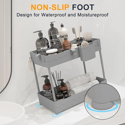 2 Pack Under Sink Organizer, Under Bathroom Cabinet Organizer with Hooks Hanging Cup, Multi-Purpose Storage Shelf for Kitchen Bathroom (Gray, 14.8 Inch)