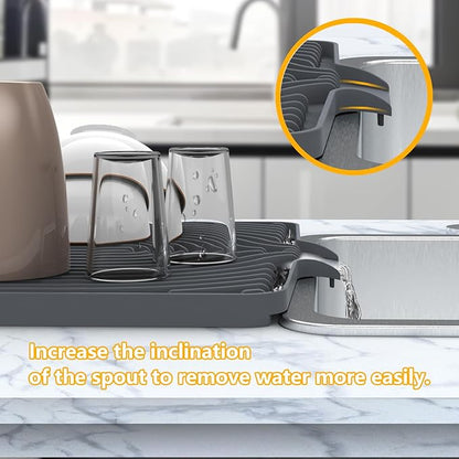 Silicone Drying Mat for Kitchen Counter , Dish Drying Rack Matt with Built in Drain, Small Dry Mats for Dishes Drying Pad for Kitchen Counter (18×12inch Extra Raised, gray)