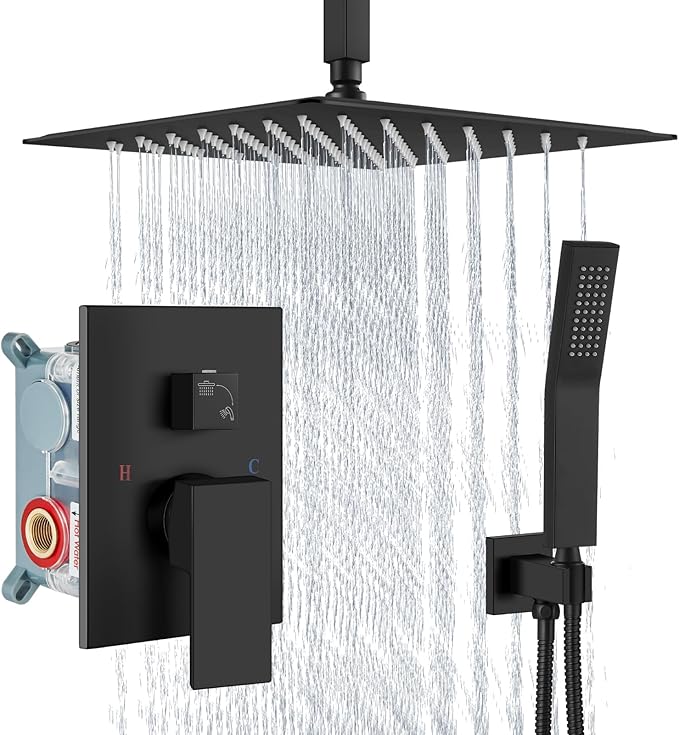 Aolemi Matte Black Ceiling Mount Rain Shower Head with Handheld Spray and High Pressure Faucet Set, Includes 16 Inch Shower Head and Trim Kit