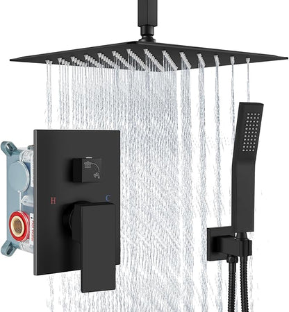 Aolemi Matte Black Ceiling Mount Rain Shower Head with Handheld Spray and High Pressure Faucet Set, Includes 16 Inch Shower Head and Trim Kit