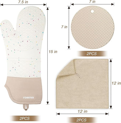 Extra Long Oven Mitts and Potholders 6Pcs Set, 500°F Heat Resistant Kitchen Oven Gloves 15'' Oven Mitts with Non-Slip Silicone Surface Soft Cotton Lining for Cooking, Baking and Grilling - Milky White