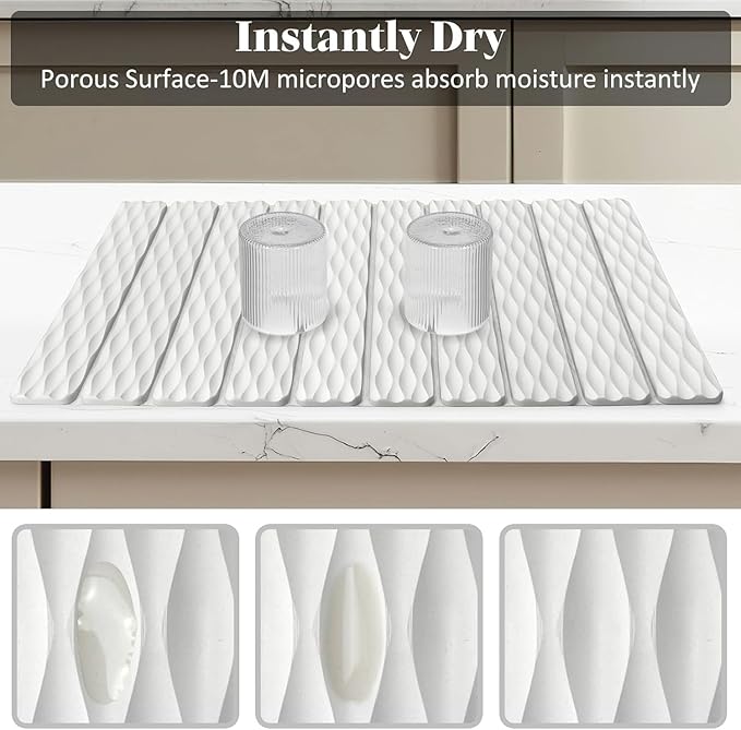 Large Stone Dish Drying Mats for Kitchen Counter, 24"(L)×16"(W) Ripple - Pattern Dish Drying Mat, Eco-Friendly Absorbent Diatomaceous Earth Mats for Dishes Bottles Cups, Match Any Countertop