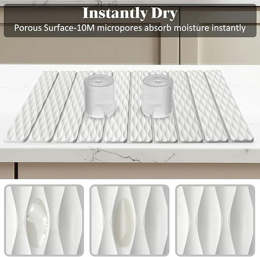 Large Stone Dish Drying Mats for Kitchen Counter, 24"(L)×16"(W) Ripple - Pattern Dish Drying Mat, Eco-Friendly Absorbent Diatomaceous Earth Mats for Dishes Bottles Cups, Match Any Countertop