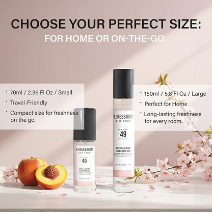 W.Dressroom No.49 Peach Blossom Living Clear Perfume, Body Mist & Fabric Spray Deodorizer, Alcohol-Free Water-Based, Odor Neutralizer for Clothes, Bedding & Room, Travel Size 2.36 oz