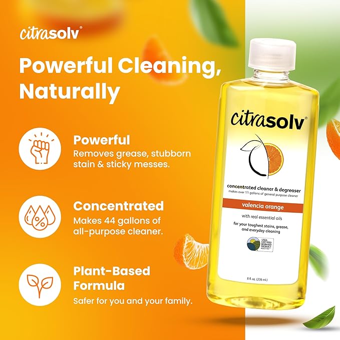 Citra Solv Concentrated Household Cleaner & Degreaser - Valencia Orange Scent - 8 Fl Oz, Safe, Effective, and Versatile Cleaning Solution, Natural Ingredients Non Toxic, Biodegradable, Made in USA