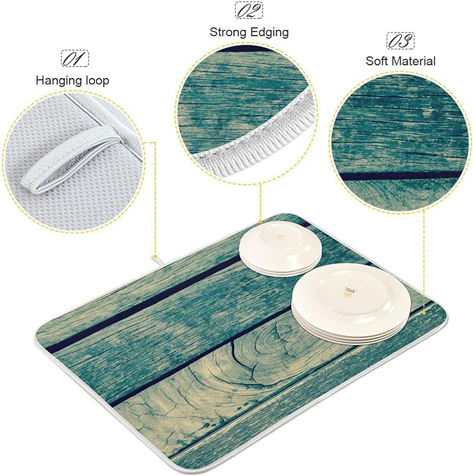 Super Absorbent Dish Drying Mat, Microfiber Fast-Drying Dish Mat, 16" x 18", Kitchen Dish Drying Pad, Vintage Retro Wooden Background