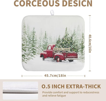 Christmas Dish Drying Mat Red Truck Xmas Tree Drying Mats for Kitchen Counter Winter Holiday Dishes Drainer Mats Absorbent Microfiber Dish Draining Pad Extra 16x18 Inch
