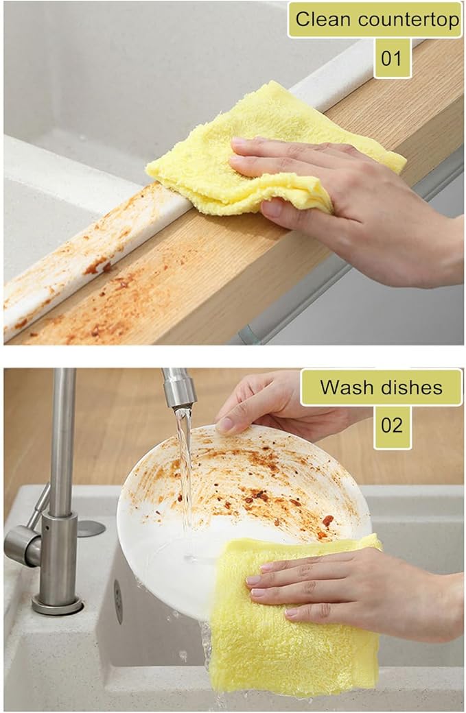 Bamboo Microfiber Cleaning Cloth,8 or 10Pcs Reusable Kitchen Wash Cloths,Wood Towels for Kitchen Window Glass Car (Yellow,10inch, 8pcs)