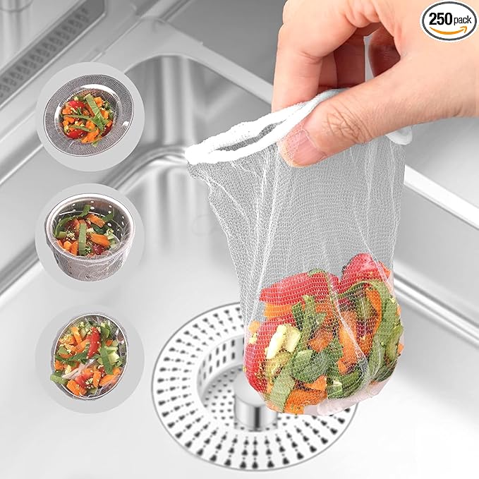 250 PCS Kitchen Sink Strainer Mesh Bag Suitable for Various Sizes of Sink Strainers, Disposable Sink Net Strainer Filter Bags for Sink Drain for Collecting Kitchen Food Waste Leftover Garbage
