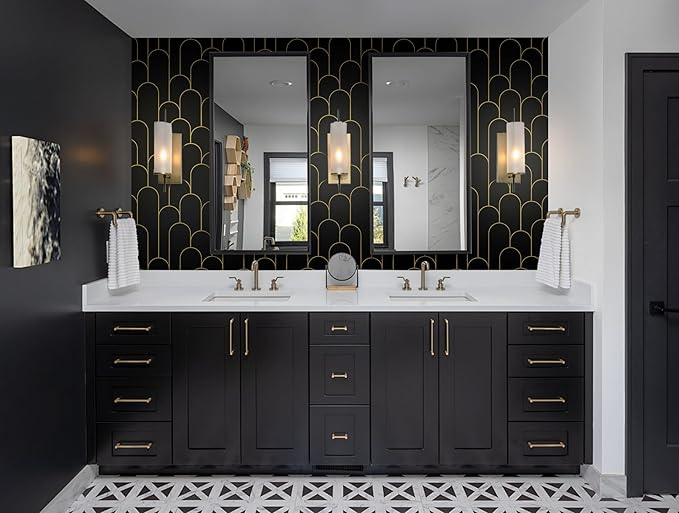 Yasinet Peel and Stick Wallpaper Black and Gold Wallpaper Modern Geometric Contact Paper for Bedroom Black Removable Self Adhesive Waterproof Wall Paper for Bathroom cabinets Vinyl 17.3”x393.7”