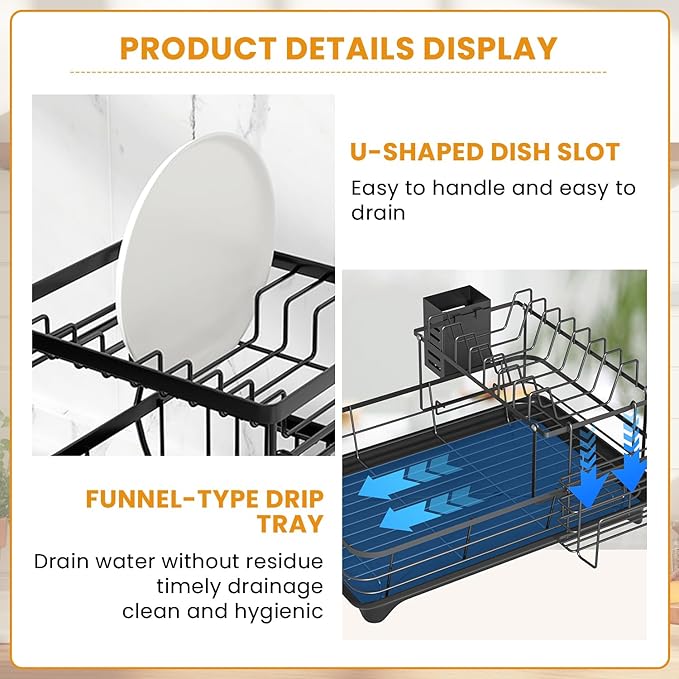 Dish Drying Rack,2-Tier Rustproof Steel Kitchen Organizer with Drainboard & Utensil Holder, Large Capacity Dish Drainer Organizer for Bowls/Cups/Bottles (MS-A-356-1)