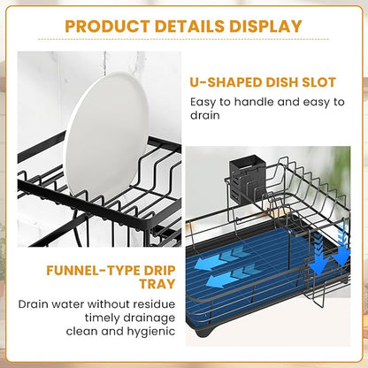 Dish Drying Rack,2-Tier Rustproof Steel Kitchen Organizer with Drainboard & Utensil Holder, Large Capacity Dish Drainer Organizer for Bowls/Cups/Bottles (MS-A-356-1)