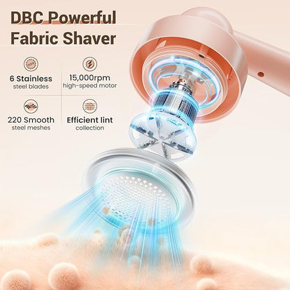 DBC Fabric Shaver & Lint Remover for Clothes, Sweaters & Furniture - 6-Leaf Blade, 3 Speeds, 2H Runtime, Portable Design Perfect for Travel, Includes 2 Extra Blades - Pink