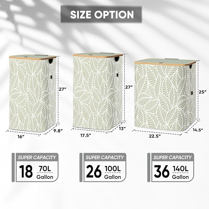 BALEINE Laundry Hamper with Lid, Tall Laundry Baskets with Bamboo Pull Handles, Large Laundry Bin with Internal Support (26 Gal/100L, Antique Foliage)