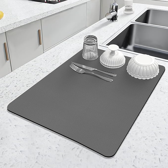 LOPNUR Kitchen Dish Drying Mat, 18"x16" Small Dish Drying Mats for Kitchen Counter, Diatomite Coffee Mat, Super Absorbent Dish Drying Pad, Heat Resistant Mat with Anti-slip Rubber Backed, Grey