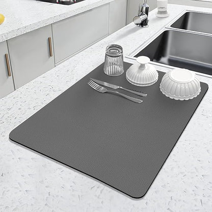 LOPNUR Kitchen Dish Drying Mat, 18"x16" Small Dish Drying Mats for Kitchen Counter, Diatomite Coffee Mat, Super Absorbent Dish Drying Pad, Heat Resistant Mat with Anti-slip Rubber Backed, Grey