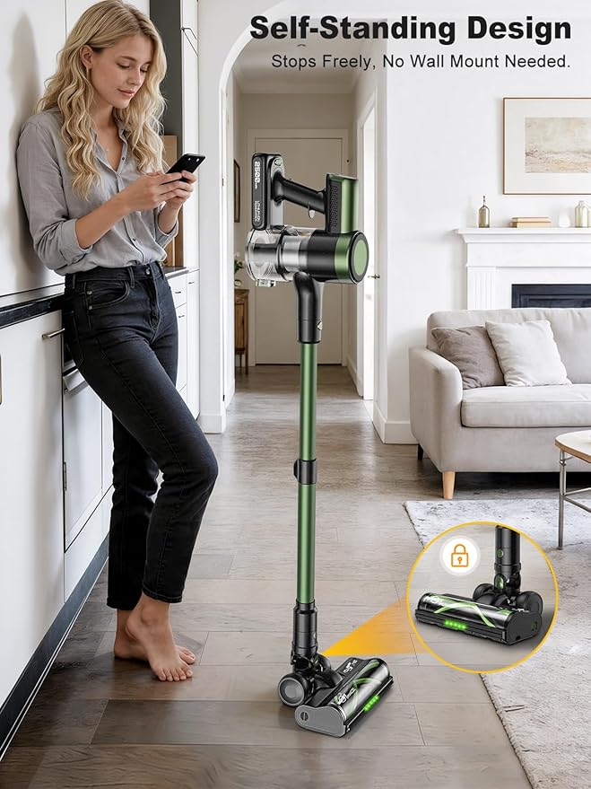 Cordless Vacuum Cleaner,58kPa/10-in-1 Stick Vacuum with 29-inch Hose and LED Lighting Brush,55Mins Runtime Vacuum Cleaner for Home,Self-Standing Vacuum with Anti-Tangle Brush for Pet Hair/Carpet/Floor