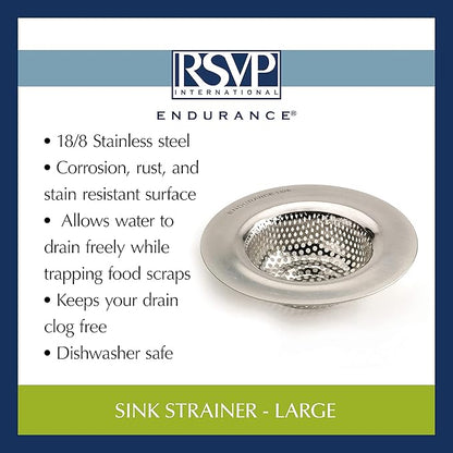 RSVP International Endurance® Stainless Steel Large Sink Strainer, 4.5" | Traps Food Scraps | Polished Finish with Precision Pierced Holes | Dishwasher Safe