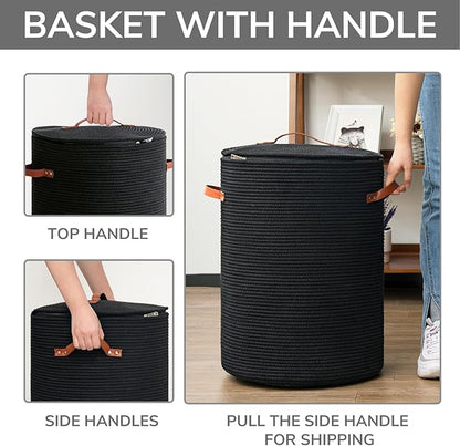CHICVITA Tall Laundry Basket with Lid, Large Laundry Hamper for Bedroom, Laundry Bin for Clothes, Blankets, Toys, Decorative Woven Basket for Living Room, 15 x 20 inches, Black