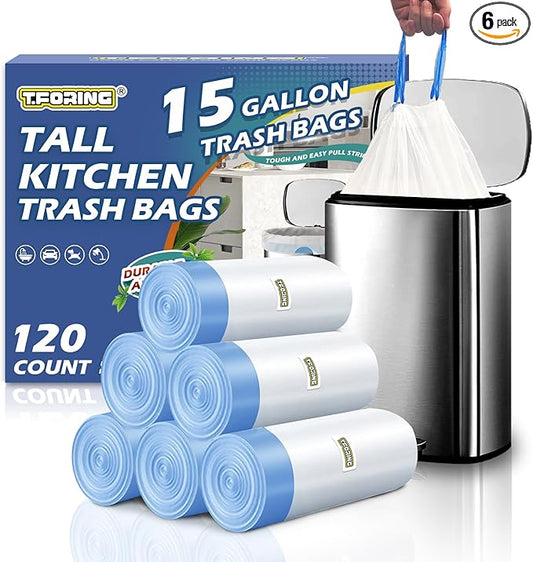 15 Gallon Trash Compactor Bags with Drawstring - 120 Count Heavy Duty 1.7 Mil Garbage Bags 56 Liter Tall Kitchen Bin Liners Unscented White for Home Yard Lawn