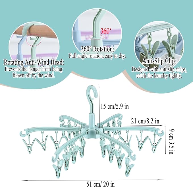 Foldable Drying Rack with 24 Clips for Drying Socks Lingerie Baby Clothes Drying Towels Rotatable Sock Drying Rack 2pcs (Green)