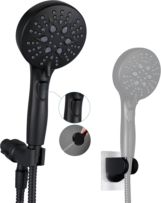 Handheld Shower Head with on off Switch&Built-in Power Spray,7-Setting High Pressure Spray Shower Wand with 79in Long Hose&Bracket and Extra Adhesive Shower Holder for Lower Mount,Black