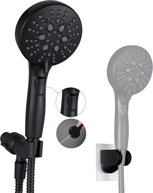 Handheld Shower Head with on off Switch&Built-in Power Spray,7-Setting High Pressure Spray Shower Wand with 79in Long Hose&Bracket and Extra Adhesive Shower Holder for Lower Mount,Black