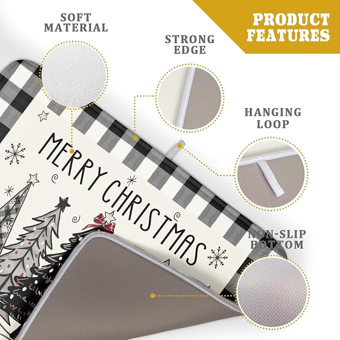 Merry Christmas Tree Dish Drying Mat for Kitchen Counter 18x24 Inch Black Red Grey Xmas Plaid Print Absorbent Reversible Microfiber Drying Mats Kitchen Countertop Protector Dishes Drainer Rack Pad