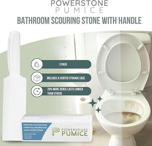 Powerstone Pumice Stone Toilet Bowl Cleaner with Handle (3-Pack) - A Reliable and Harmless Solution for Cleaning Limescale Deposits & Hard Water Stains on Toilets, Grills, Tiles, Grout & Pools