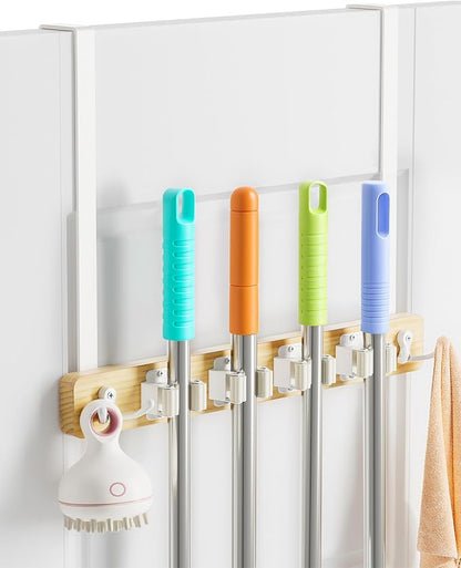 FANGSUN Broom Holder Door Mount Hanging, Over The Door Broom and Mop Organizer with 4 Slots and 4 Hooks, Wooden Tool Rack Storage Hanger for Laundry, Closet, Garage, No Drills