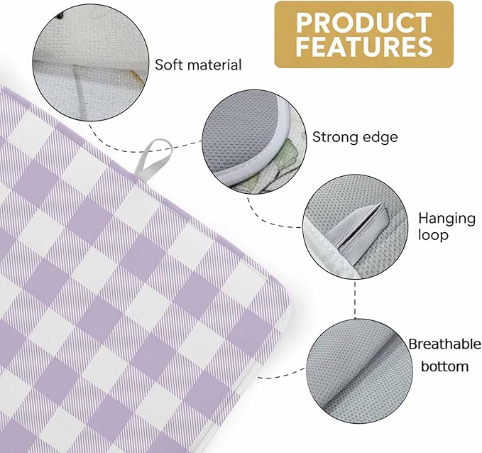 Dish Drying Mat Lavender Buffalo Check Plaid Drying Mats for Kitchen Counter Farmhouse Style Absorbent Microfiber Dish Drainer Quick Drying Coffee Mat with Hanging Loop, 16 x18 inch