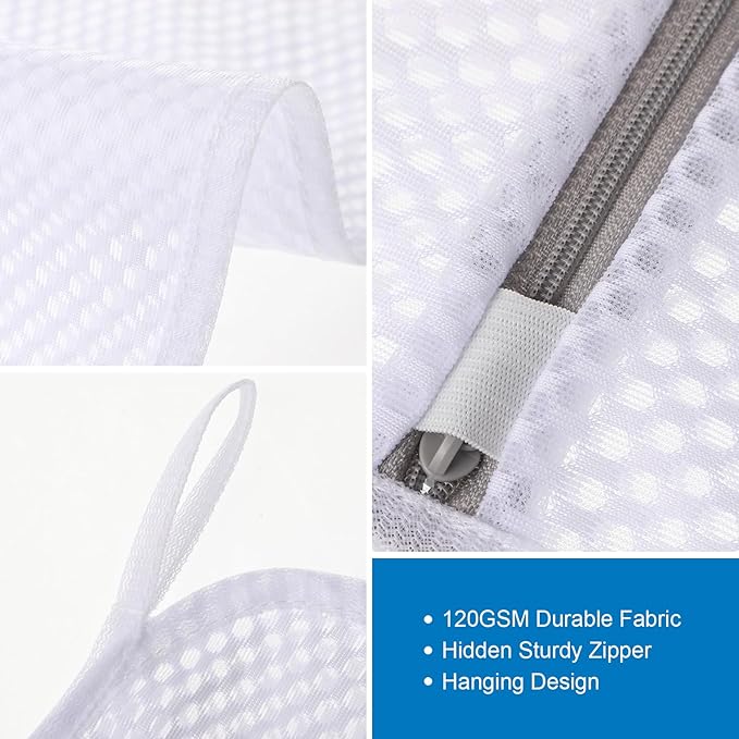 Dntorx 3 PCS Durable Honeycomb Mesh Laundry Bags for Delicates with Zipper, Reusable Laundry Bag Mesh Wash Bags for Washing Machine for Clothes, Shoes, Socks, Underwear, Bra (M + L + XL, White)