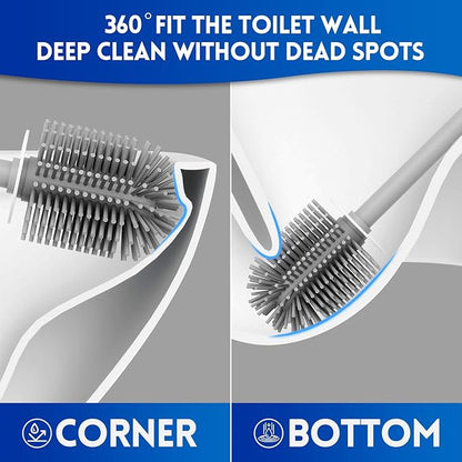 Y-in Hand Toilet Brush and Holder Set, Silicone Toilet Bowl Cleaner Brush Bristles, Bathroom and RV Cleaning Tools, Space Saving Toilet Scrubber, Wall Mountable. (Grey)