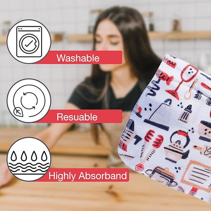 Pack of 10 Reusable Paper Towels | 10x10 Inch Cotton Towels | Kitchen Utensils Print | Eco Friendly, Washable, Quick Drying | Sustainable Cleaning Cloths | Kitchen Utensils