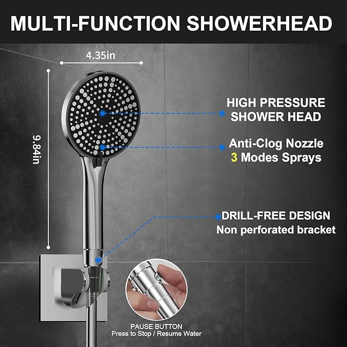 High Pressure Rain Shower Head with Handheld,Wide Rainfall Shower Head Combo with 15" Metal Extension Arm,Detachable Shower head,Rainfall Shower Head with Multi Modes Handheld Spray,Chrome