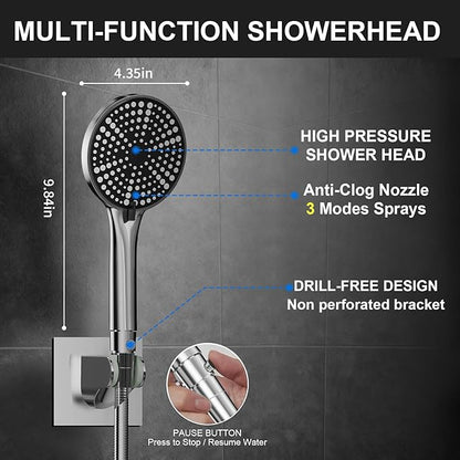 High Pressure Rain Shower Head with Handheld,Wide Rainfall Shower Head Combo with 15" Metal Extension Arm,Detachable Shower head,Rainfall Shower Head with Multi Modes Handheld Spray,Chrome