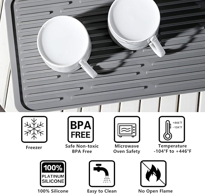 Dish Mat Silicone Dish Drying Mats Works For Drying Stemware Cocktail Glasses Silverware Pots Pans Knives and Dish Rack for Kitchen Counter Sink Bar Pads Easy to Clean (Gray)
