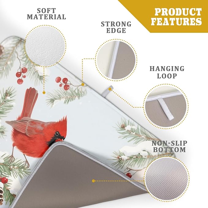 Winter Cardinal Bird Dish Drying Mat for Kitchen Counter 18x24 Christmas Snow Scene Theme Seasonal Absorbent Reversible Microfiber Drying Mats Kitchen Countertop Protector Dishes Drainer Pad
