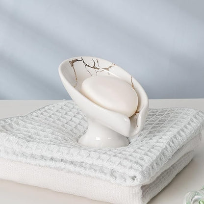 Soap Dish, Soap Holder Self Draining Leaf Shape Soap Dishes, Ceramic Drain Soap Dish for Sink Bathroom Shower Kitchen, Easy to Clean Keeps Soap Dry, Cream White & Gold Marble Pattern, ANTIS'S HOME