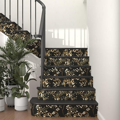 Fvlow Vintage Black Floral Peel and Stick Wallpaper 17.4" x 197", Dark Moody Leaves Pattern Contact Paper Waterproof Vinyl Chinoiserie Wall Covering for Bathroom Cabinets, Retro Art Decor Dark Gold