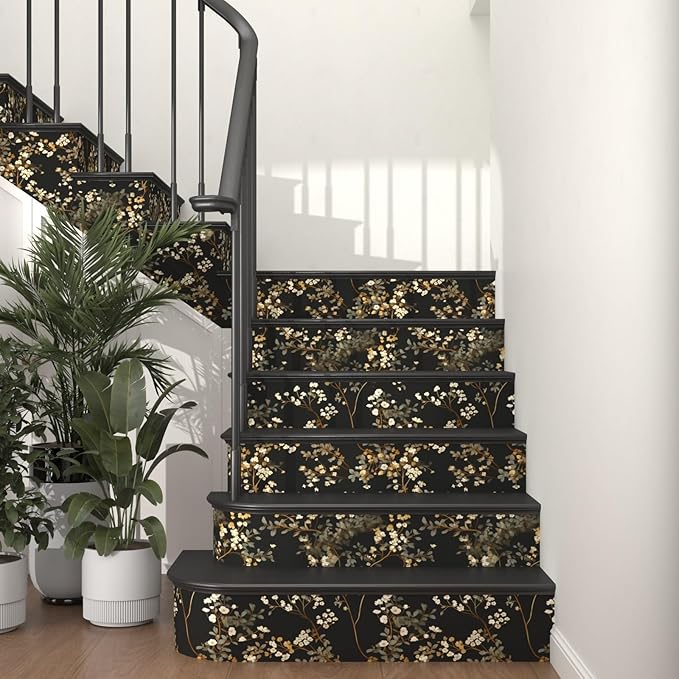 Fvlow Vintage Black Floral Wallpaper Peelable 17.4" x 78", Small Roll Classic Gold Leaves Theme Contact Paper Waterproof PVC Vinyl Covering for DIY Craft Desk Cabinet, Dark Moody Wall Art Decor