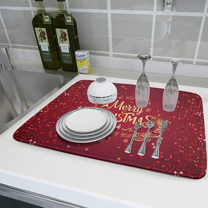 Merry Christmas Drying Mat for Kitchen Counter 18x24 Inch Christmas Dish Mat with Absorbent Reversible Microfiber Christmas Dish Drying Mat Dish Drainer Rack Pad Drainer Mat for Coffee Bar