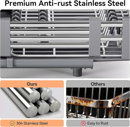 Urackify Stainless Steel Dish Drying Rack - Dish Drainer for Kitchen Counter, Extendable Drainboard with Foldable, Space-Saving Cup & Bowl Organizer, Includes Knife and Utensil Holder, Gray